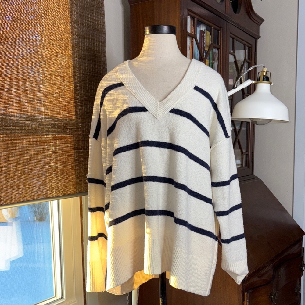 Aerie Navy and Cream V-Neck Sweater